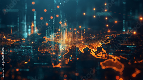 Global Supply Chain: A world map overlaid with intricate network diagrams illustrating the complex global supply chain of the oil industry, from extraction sites to refineries to e