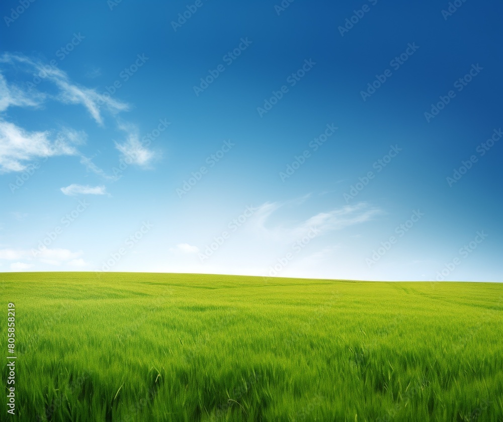 Vibrant Green Grass Field and Clear Blue Sky Nature Landscape