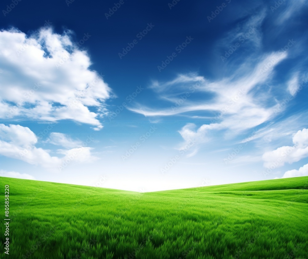 Vibrant Green Grass Field with Beautiful Blue Sky and Fluffy Clouds