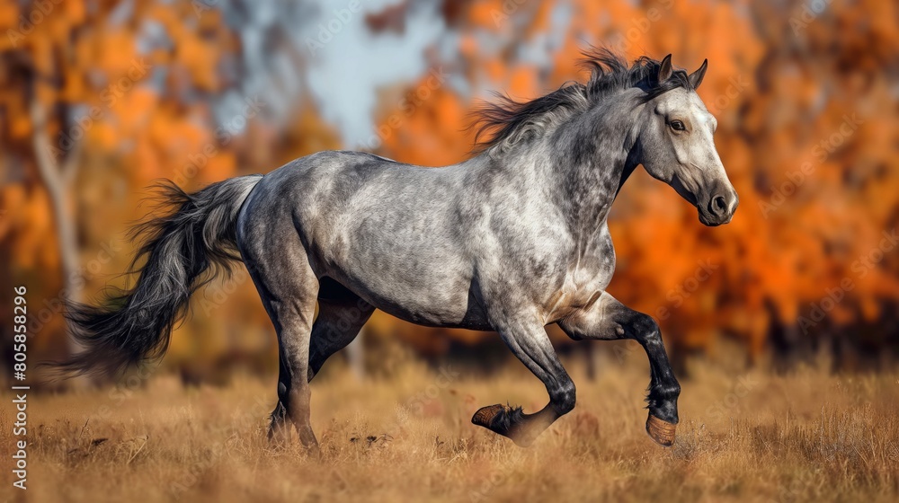 Majestic Gray Horse Running in Autumn Forest Majestic Gray Horse Running in Autumn Forest