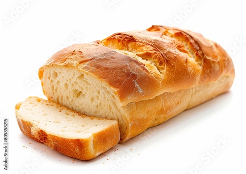Freshly Baked French Baguette Bread with Sliced Piece Isolated on White Background