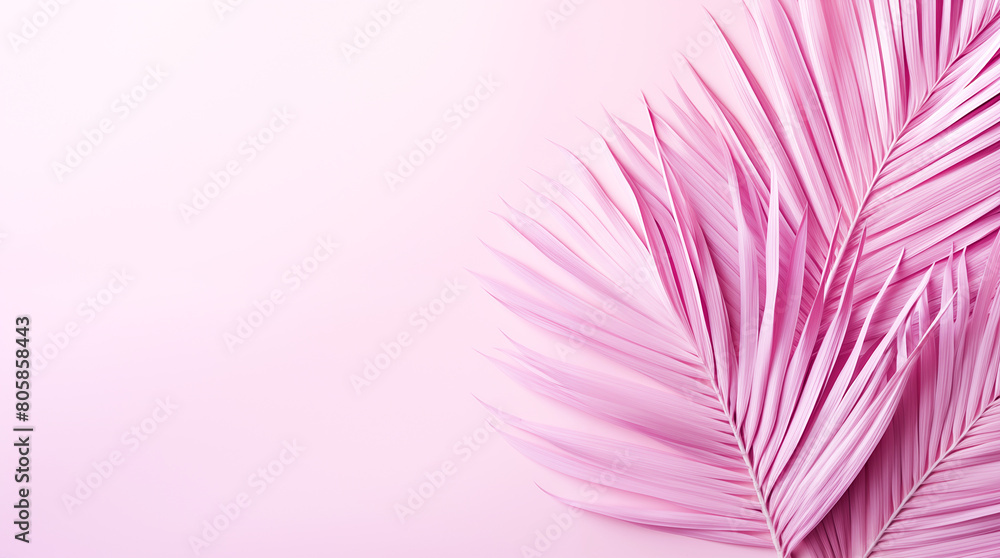 Obraz premium A tropical pink palm frond gracefully arches against a pastel background, offering a contemporary natural design, perfect for sophisticated branding and minimalist decor.