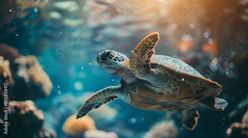 Majestic Sea Turtle Swimming in Coral Reef Waters photo