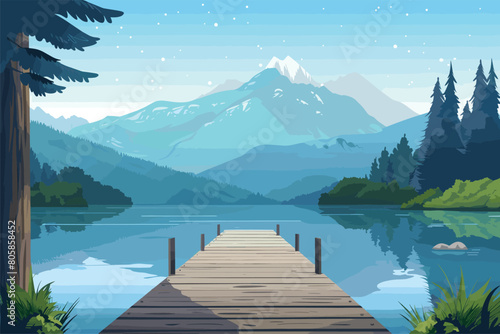 Wooden pier on the lake at beautiful sunset background, The Wooden Pier and beautiful sky ,Beautiful view of dock cartoon with mountain landscape background, Tranquil lake scene with a wooden dock