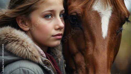 Portrait of a beautiful girl with a horse in the park.