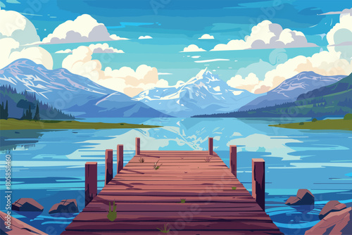 Wooden pier on the lake at beautiful sunset background, The Wooden Pier and beautiful sky ,Beautiful view of dock cartoon with mountain landscape background, Tranquil lake scene with a wooden dock