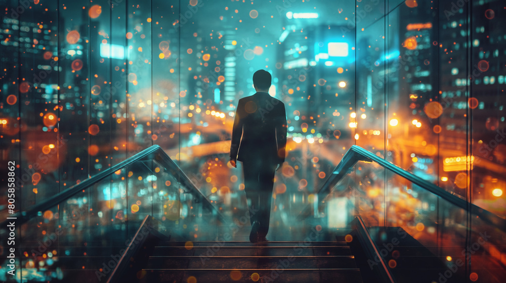 Rear view of a businessman ascending a staircase in a city. Night cityscape is in the background. Toned image, double exposure. Rear view of a businessman ascending a staircase in a city. Night cityscape is in the background. Toned image, double exposure.
