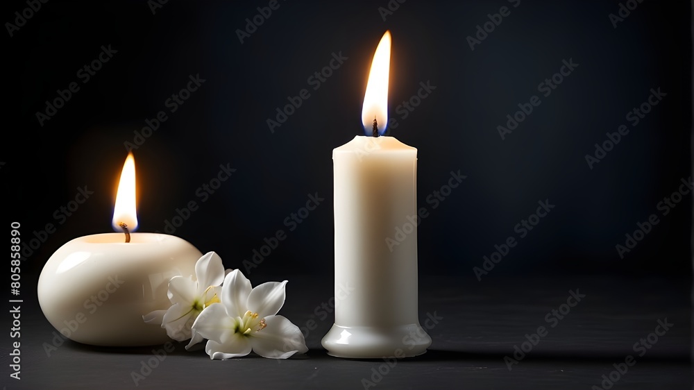 A solitary white candle blazing against a dark backdrop. Funeral, lamentation, and memorial service idea A solitary white candle blazing against a dark backdrop. Funeral, lamentation, and memorial service idea