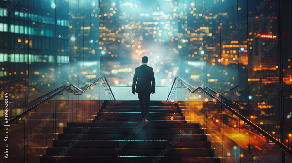 Rear view of a businessman ascending a staircase in a city. Night cityscape is in the background. Toned image, double exposure. Rear view of a businessman ascending a staircase in a city. Night cityscape is in the background. Toned image, double exposure.