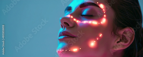 Woman, face and relax in skincare technology on mockup space in hygiene, dermatology or skin map. photo