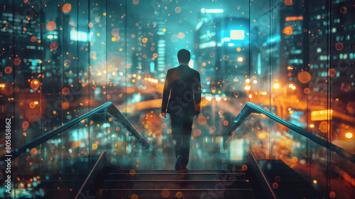 Rear view of a businessman ascending a staircase in a city. Night cityscape is in the background. Toned image, double exposure.
