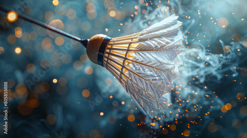 A close-up of a badminton shuttlecock in mid-air, with motion blur and sparks photo