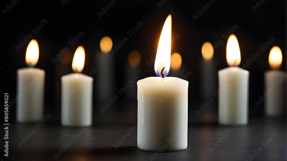 A solitary white candle blazing against a dark backdrop. Funeral, lamentation, and memorial service idea A solitary white candle blazing against a dark backdrop. Funeral, lamentation, and memorial service idea