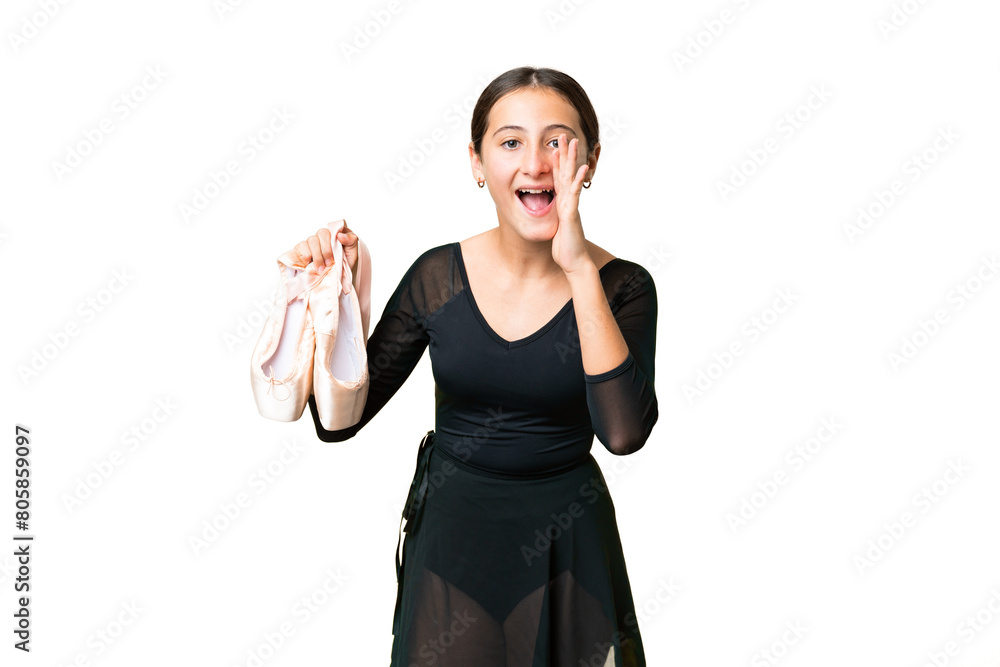 Young woman practicing ballet over isolated chroma key background shouting with mouth wide open Young woman practicing ballet over isolated chroma key background shouting with mouth wide open