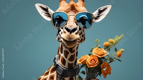 Portrait of a futuristic, hyperrealistic giraffe wearing sunglasses and clutching a bouquet of flowers against a simple background with text placeholders left unfilled. photo