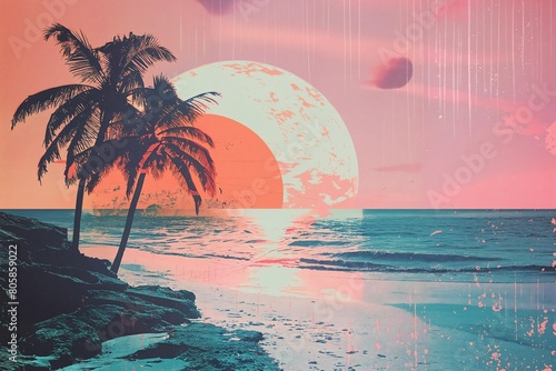 Colorful collage with palm trees, simple shapes and retro grunge textures. The image is abstract and has a tropical vibe. Trendy collage composition wallpaper modern art. (ID: 805859022)