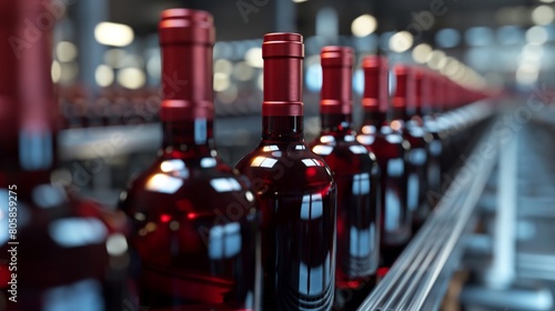 Red Wine Bottles on Production Line in Winery