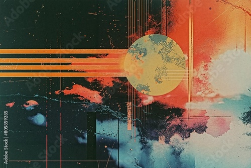 Abstract retro style grunge collage with digital glitches, geometrical shapes, detailed atmospheric and gritty, teal and orange colors. Trendy collage composition wallpaper modern art. (ID: 805859285)