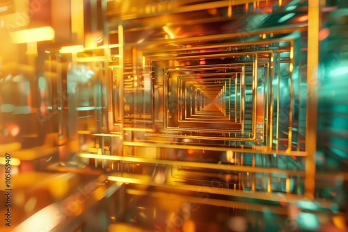 A closeup of a golden scifi environment reveals intricate square steel frames and a futuristic pyramid, colorful Strange Bizarre sharpen blur background with copy space