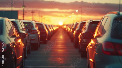 Sunset Over Crowded Parking Lot with Row of Cars © Darya