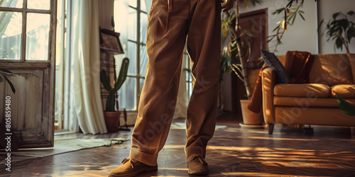 a man stand wearing a pleated leater pant, Mens Retro Jeans Brown colour Khaki Pants Bleached Hippie fashion, photo