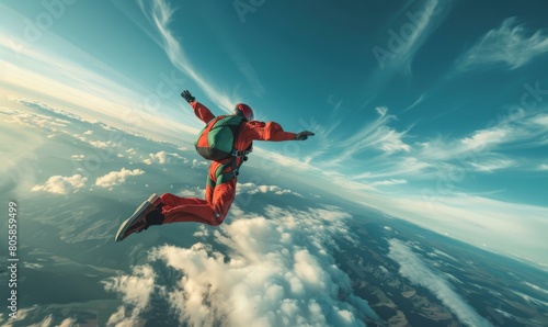 Skydiver in a thrilling free fall above the clouds. AI.