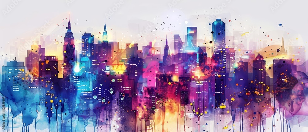 A cute creative cyber minimal charismatic watercolor painting showcases an ultramodern cityscape with twinkling lights
