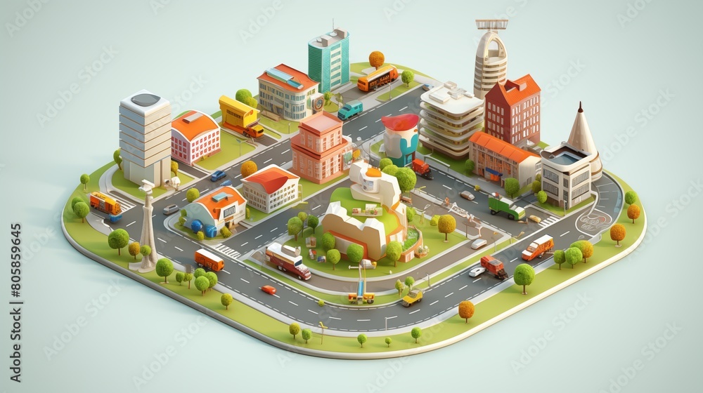 Isometric 3D City Design with Recreational Places Catering to Various Hobbies and Interests.