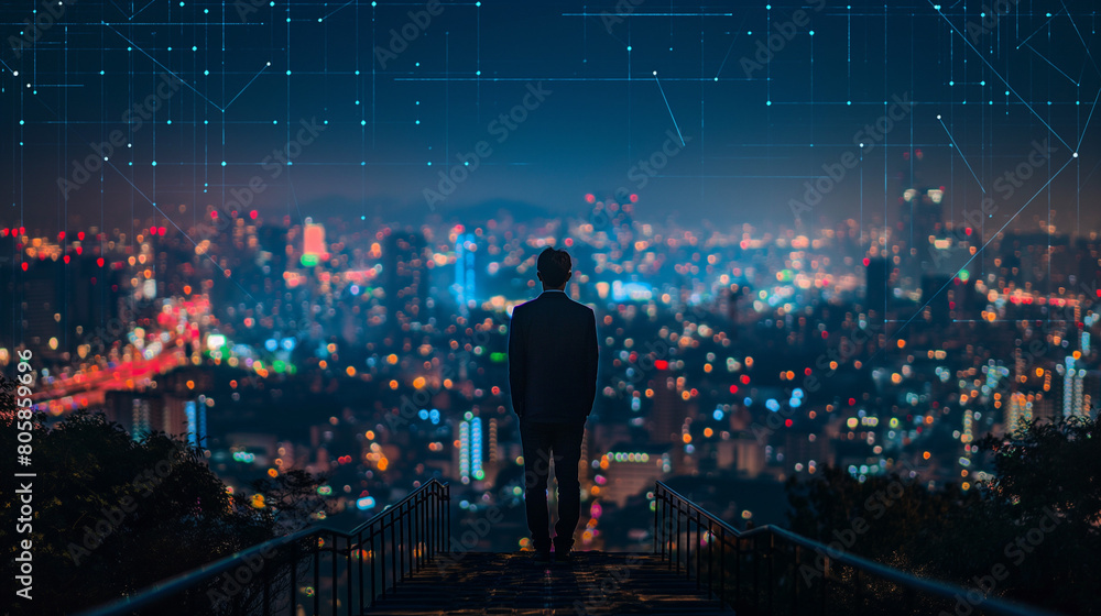 Rear view of young businessman standing on top of staircase and looking at night city skyline with double exposure of wireframe city interface. Concept of smart city and internet of things. Rear view of young businessman standing on top of staircase and looking at night city skyline with double exposure of wireframe city interface. Concept of smart city and internet of things.