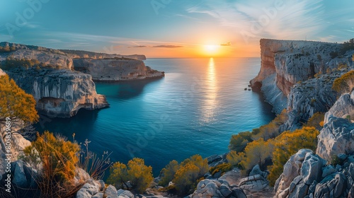 Golden hour, warm spring, deep inlets surrounded by steep, narrow cliffs.