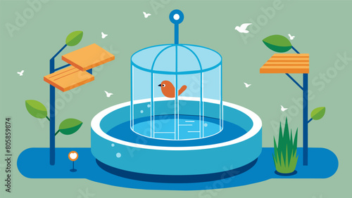 An aviary with an automated bird bath that activates and drains after each use.. Vector illustration