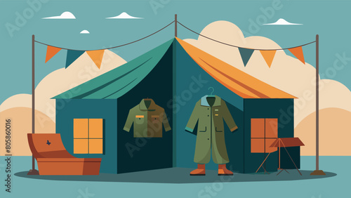A wornout army tent set up in the corner of the shop serves as a unique and nostalgic for customers trying on vintage jackets and boots.. Vector illustration