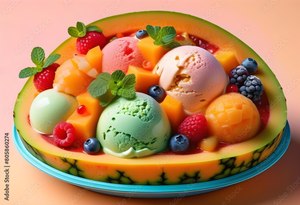 A cantaloupe cut in half and filled with ice cream, topped with mix berries toppings in the colorful background