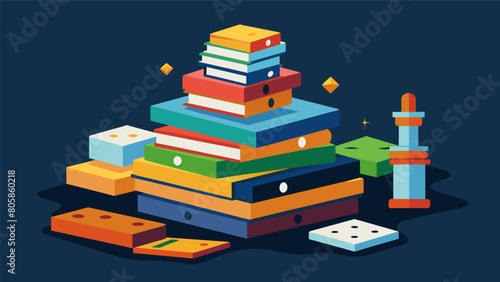A stack of old board games their worn out pieces now rep and ready for a night of family fun.. Vector illustration