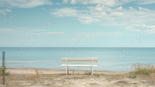 A serene beach scene with the creative white blank mockup prominently displayed against a calming ocean backdrop  white blank poster billboard Sharpen with large copy space