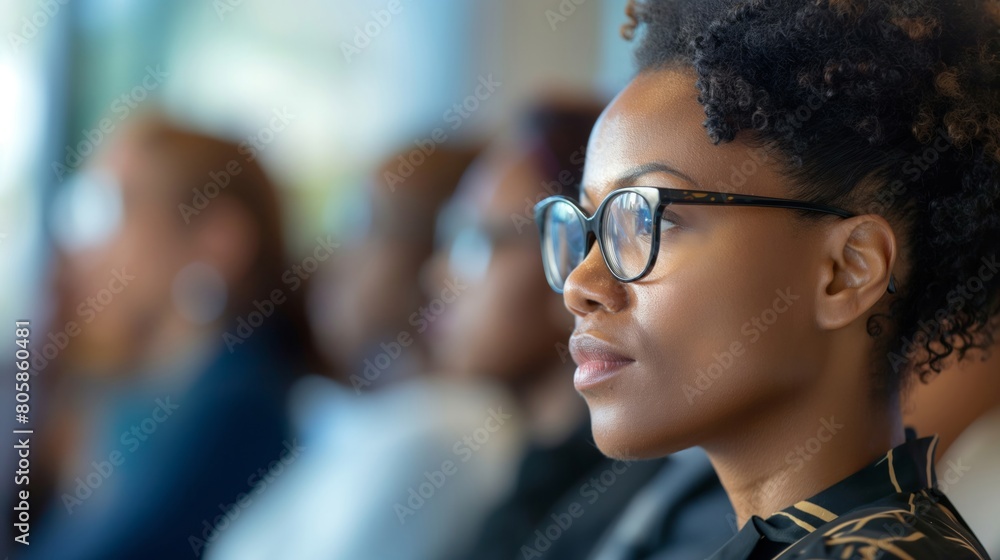 Focused Young Black Woman in Glasses at a Conference

