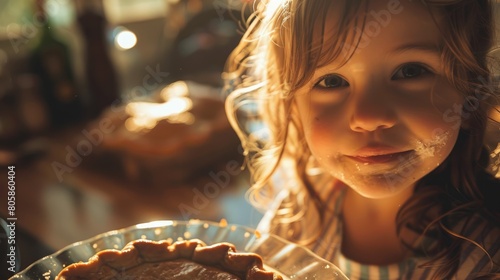 A young girl is seated at a table with a delicious pie in front of her. The aroma of freshly baked goods fills the room  enticing her to take a bite and share the tasty treat with others AIG50
