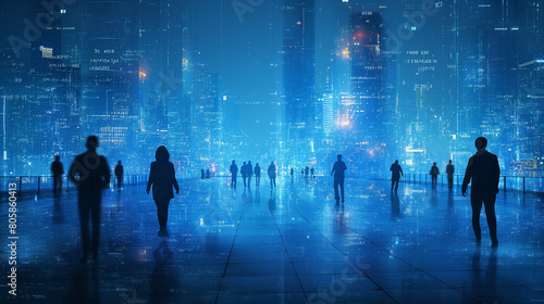 Group of business people outlines with lit background . Mixed media. double exposure of wireframe city interface.