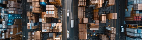 Aerial drones capture a sprawling logistic complex where thousands of packages are sorted daily, setting a backdrop for a vibrant, Sharpen banner template with copy space on center photo