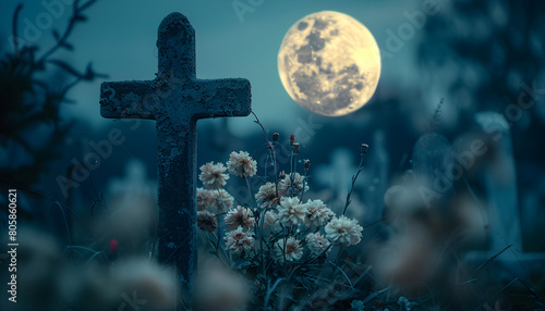 A solemn and atmospheric scene at the cemetery during Memorial Day with the full moon casting moonlight on the graves. Suitable for Memorial Day commemorations and somber remembrance events. photo