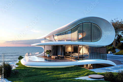 Futuristic Turkish seaside mansion with integrated smart technology and holographic luxury. © Adeel  Hayat Khan