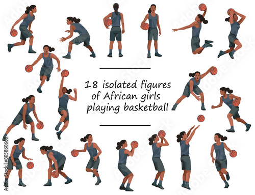 African girls playing women s basketball in black uniforms standing  running  jumping  throwing  shooting  passing the ball