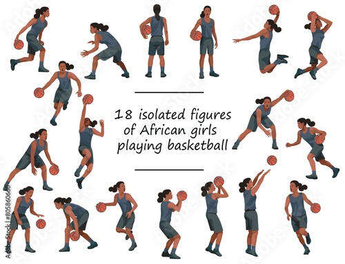 African girls playing women's basketball in black uniforms standing, running, jumping, throwing, shooting, passing the ball
