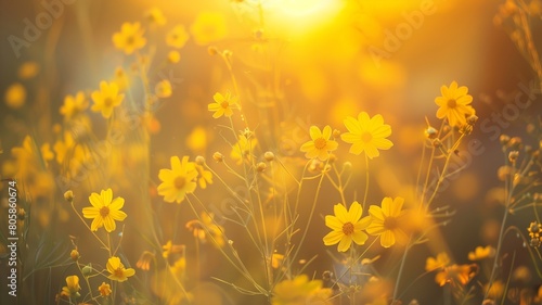 Abstract soft focus sunset field landscape of yellow flowers and grass meadow warm golden hour sunset sunrise time Tranquil spring summer nature closeup and blurred forest background  © fotogurmespb