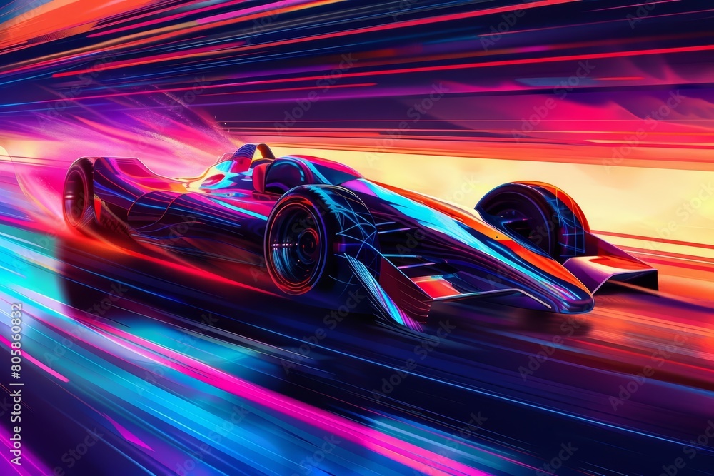 An illustration of a futuristic sport event showcases dynamic shapes and vibrant neon colors, capturing the essence of speed and competition, Sharpen banner with space for text