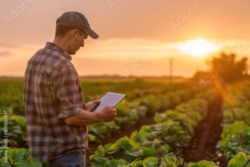 Young skilled farmer working at rice field sunset with golden ray while looking at tablet and analysis data. Agricultural people checking his crop while standing at farm. Sustainable concept. AIG42.