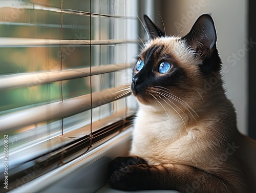 A Siamese cat lies by a window with raindrops, looking outside thoughtfully. photo