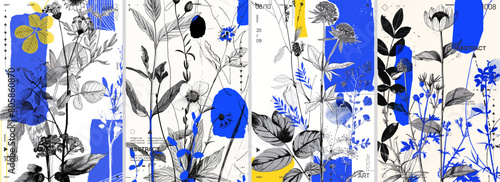 Black and white botanical illustrations with colorful accents, featuring various plants in an abstract composition. The background with blue and yellow shapes.