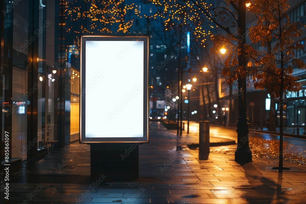 At the city night street, the creative white blank mockup glows under streetlights, white blank poster billboard Sharpen with large copy space