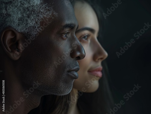 Evocative Side Profile of Mixed Race Couple in Low Light